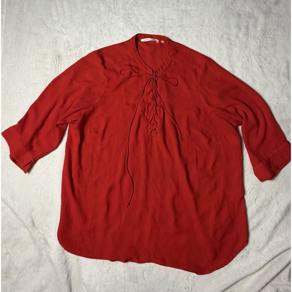 Violet & Claire Red Lace-Up V-Neck 3/4 Sleeve Tunic Blouse Women's Size 1X